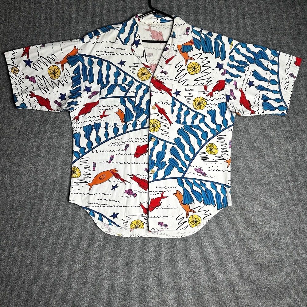 Vintage Sundek Button Up Shirt Men Size Xl Art Fishes Colorful Beach